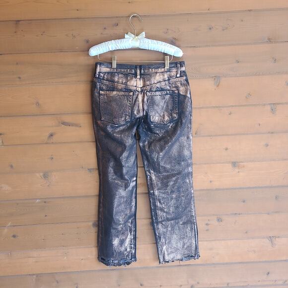 Free People Maggie Coated Crop Mocha Brown Size 26 Metallic Raw Hem Distressed - Picture 3 of 5